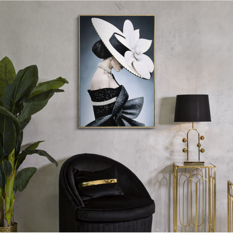 Toile murale peinte Femme chapeau blanc profil 62x92 avec cadre doré Marty 