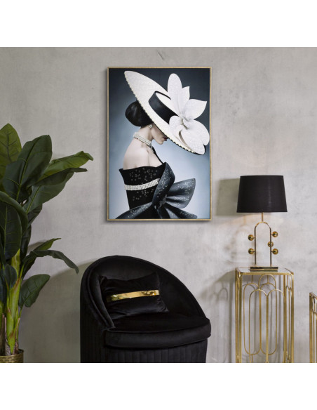 Toile murale peinte Femme chapeau blanc profil 62x92 avec cadre doré Marty 