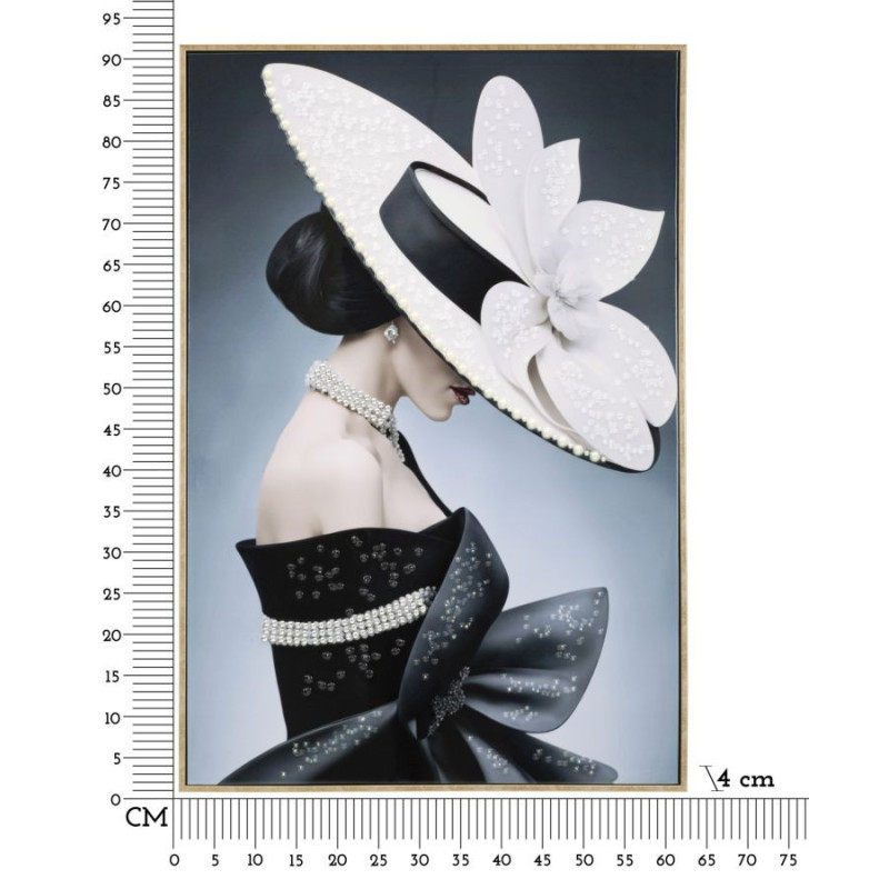 Toile murale peinte Femme chapeau blanc profil 62x92 avec cadre doré Marty 