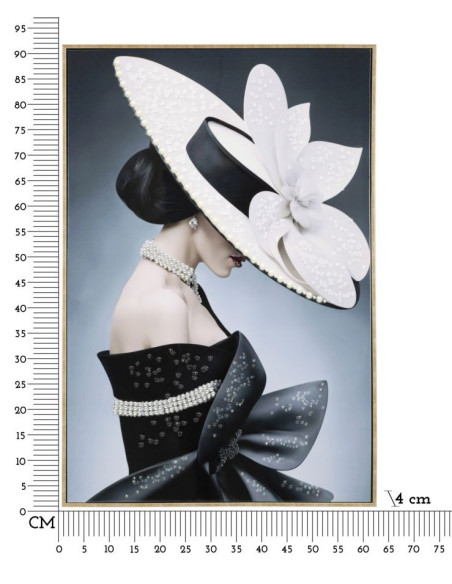 Toile murale peinte Femme chapeau blanc profil 62x92 avec cadre doré Marty 