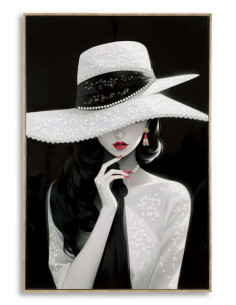 Toile murale peinte Femme chapeau blanc fond noir 62x92 avec cadre doré Marty 