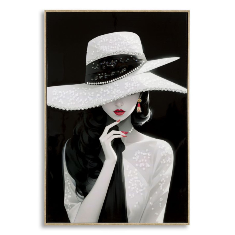 Toile murale peinte Femme chapeau blanc fond noir 62x92 avec cadre doré Marty 