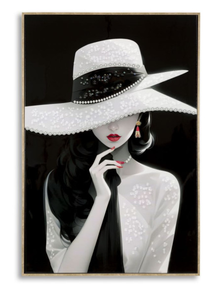 Toile murale peinte Femme chapeau blanc fond noir 62x92 avec cadre doré Marty 