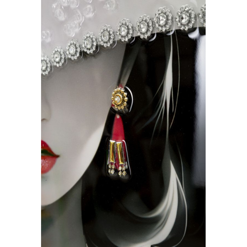 Toile murale peinte Femme chapeau blanc fond noir 62x92 avec cadre doré Marty 