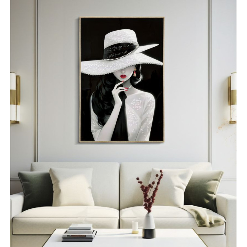 Toile murale peinte Femme chapeau blanc fond noir 62x92 avec cadre doré Marty 