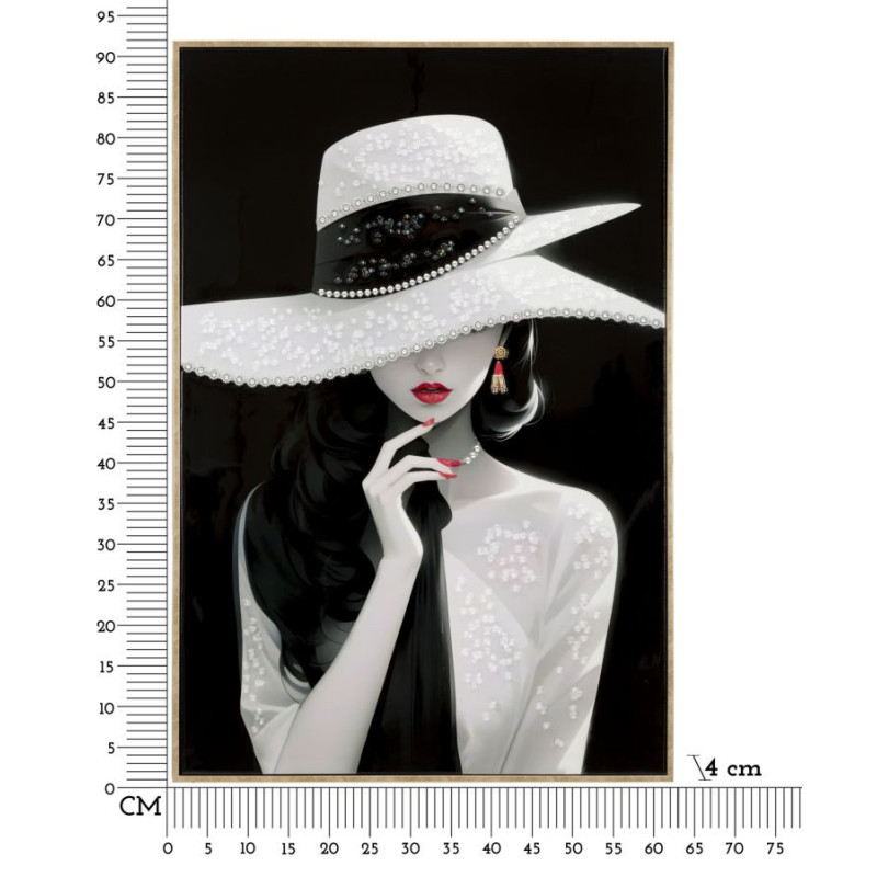 Toile murale peinte Femme chapeau blanc fond noir 62x92 avec cadre doré Marty 