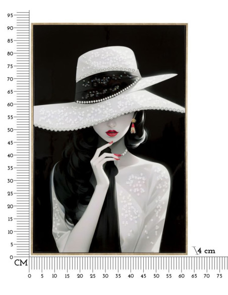 Toile murale peinte Femme chapeau blanc fond noir 62x92 avec cadre doré Marty 