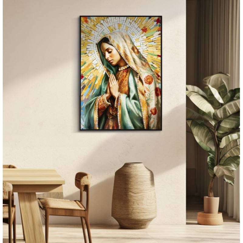 Toile murale peinte religieuse Madone en prière 72x102 avec cadre noir Madonna 