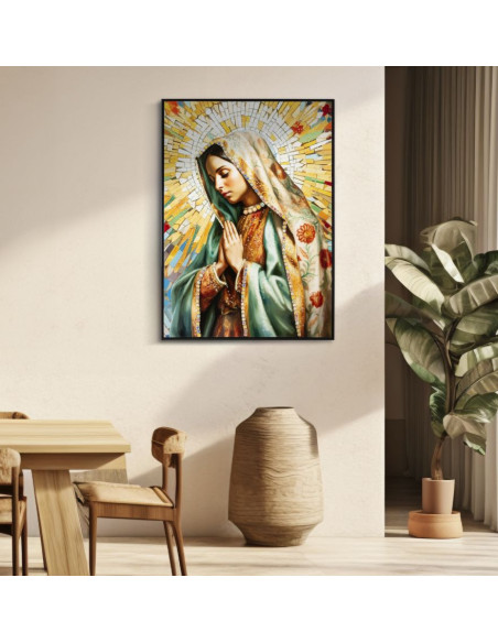 Toile murale peinte religieuse Madone en prière 72x102 avec cadre noir Madonna 