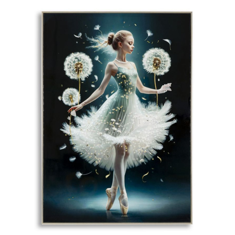 Grande toile murale peinte Danseuse pissenlits bras baissés 72x102 avec cadre argenté Dancing 