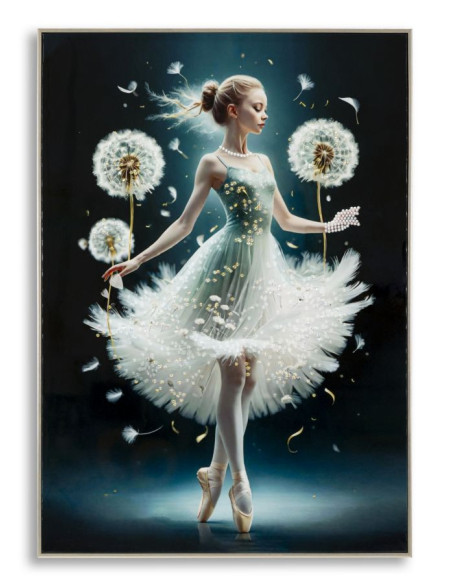 Grande toile murale peinte Danseuse pissenlits bras baissés 72x102 avec cadre argenté Dancing 