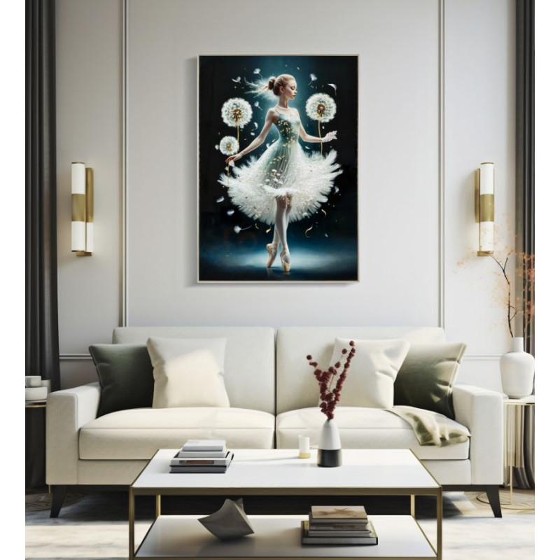 Grande toile murale peinte Danseuse pissenlits bras baissés 72x102 avec cadre argenté Dancing 