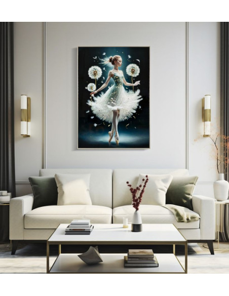 Grande toile murale peinte Danseuse pissenlits bras baissés 72x102 avec cadre argenté Dancing 