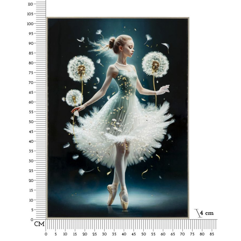 Grande toile murale peinte Danseuse pissenlits bras baissés 72x102 avec cadre argenté Dancing 