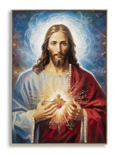 Toile murale peinte religieuse Jésus au Sacré-coeur 72x102 avec cadre doré Jesus 