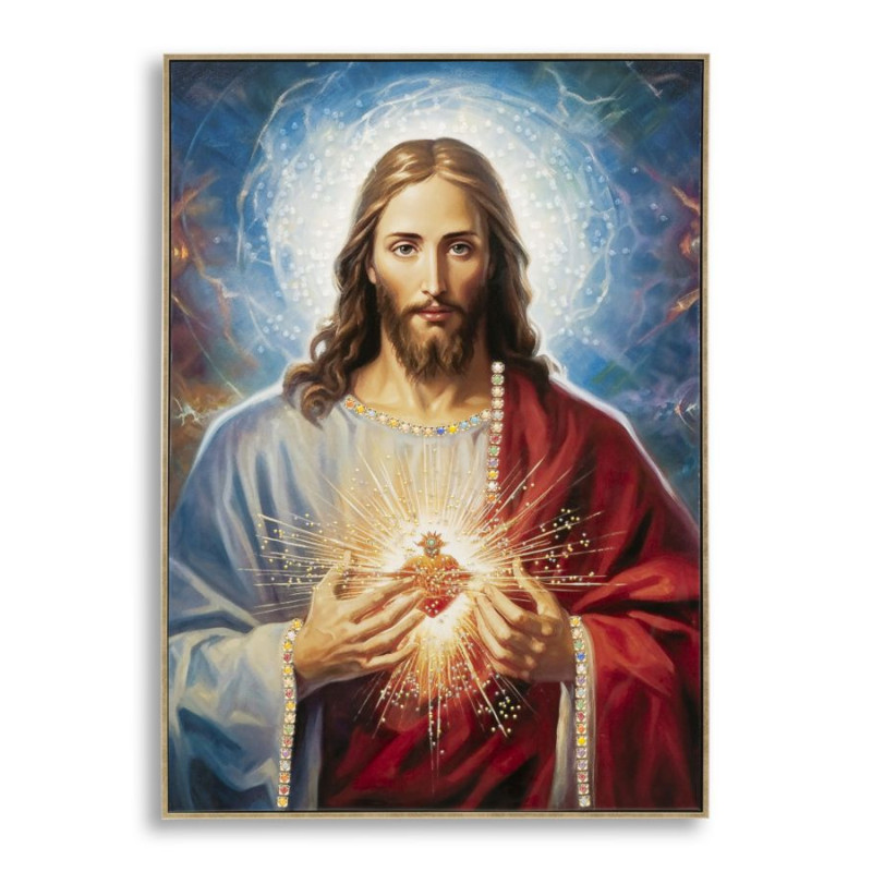 Toile murale peinte religieuse Jésus au Sacré-coeur 72x102 avec cadre doré Jesus 