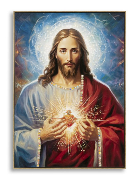 Toile murale peinte religieuse Jésus au Sacré-coeur 72x102 avec cadre doré Jesus 
