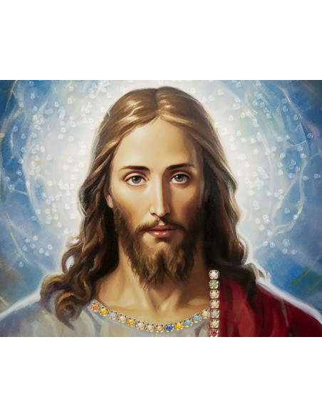 Toile murale peinte religieuse Jésus au Sacré-coeur 72x102 avec cadre doré Jesus 