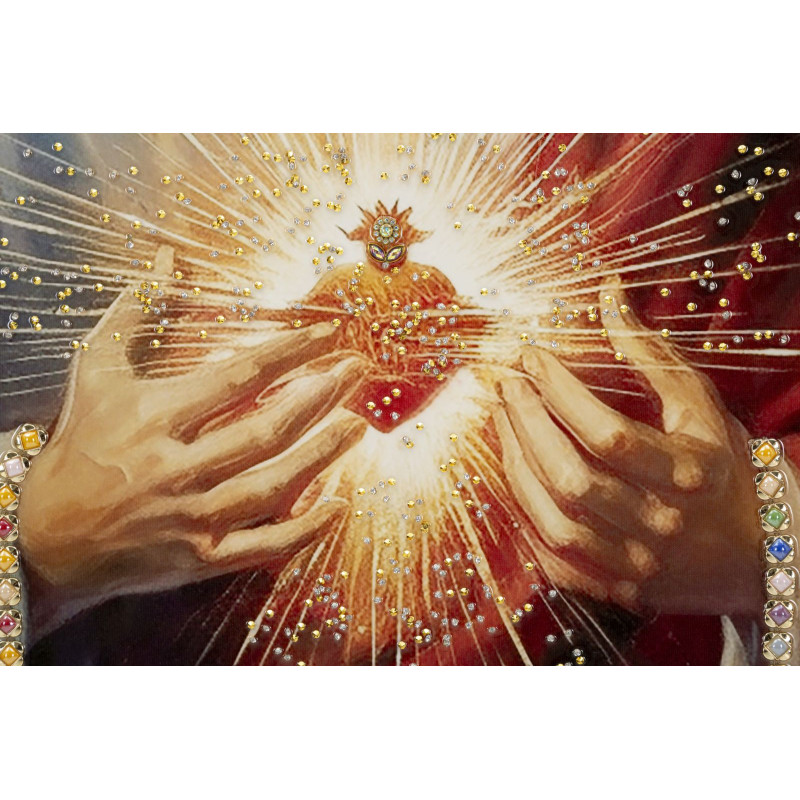 Toile murale peinte religieuse Jésus au Sacré-coeur 72x102 avec cadre doré Jesus 