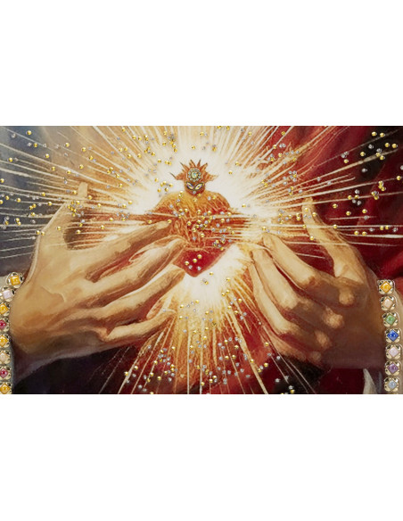 Toile murale peinte religieuse Jésus au Sacré-coeur 72x102 avec cadre doré Jesus 