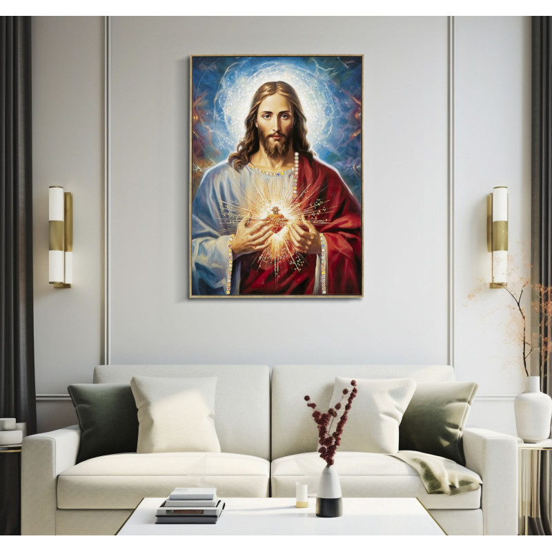 Toile murale peinte religieuse Jésus au Sacré-coeur 72x102 avec cadre doré Jesus 