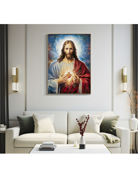 Toile murale peinte religieuse Jésus au Sacré-coeur 72x102 avec cadre doré Jesus 