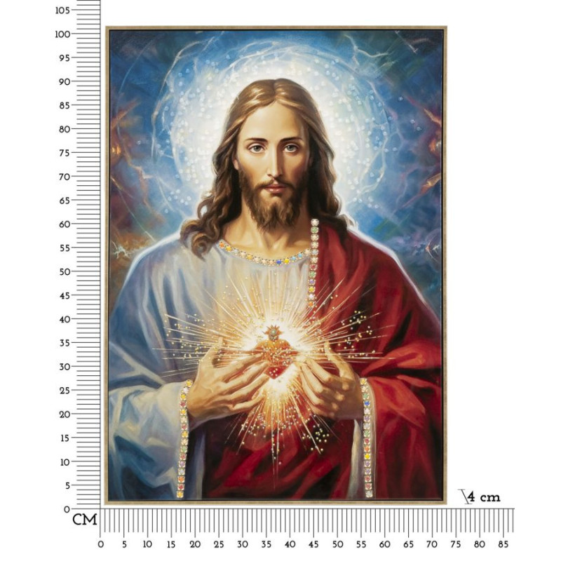 Toile murale peinte religieuse Jésus au Sacré-coeur 72x102 avec cadre doré Jesus 