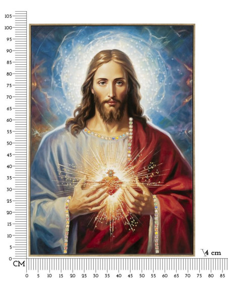 Toile murale peinte religieuse Jésus au Sacré-coeur 72x102 avec cadre doré Jesus 