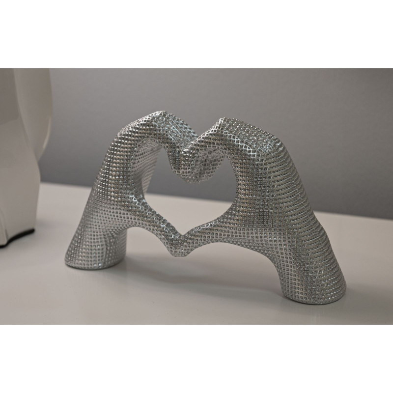 Sculpture déco moderne Mains Coeur 25 cm Résine Argenté Brillant Lover 