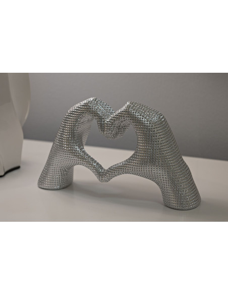 Sculpture déco moderne Mains Coeur 25 cm Résine Argenté Brillant Lover 