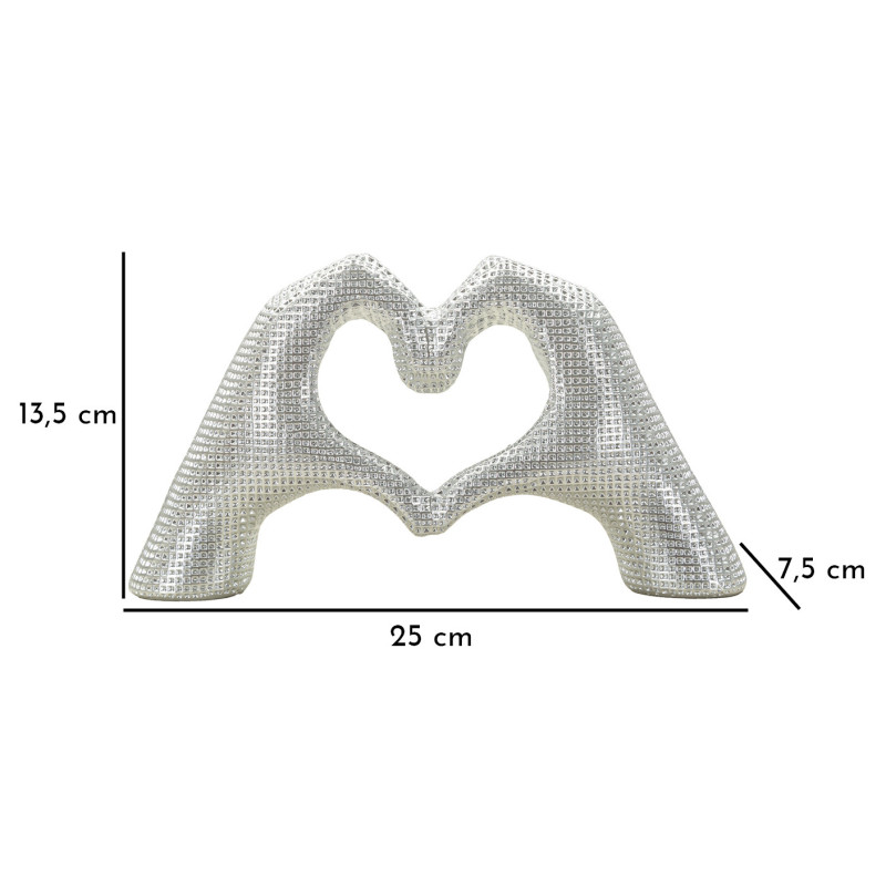 Sculpture déco moderne Mains Coeur 25 cm Résine Argenté Brillant Lover 