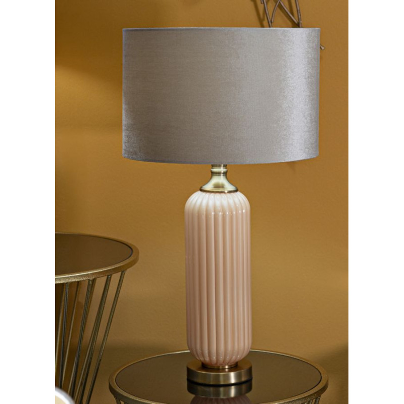 Grande Lampe à poser moderne chic Hauteur 64 cm Verre Beige rosé Tissu Beige Métal Doré Perly 