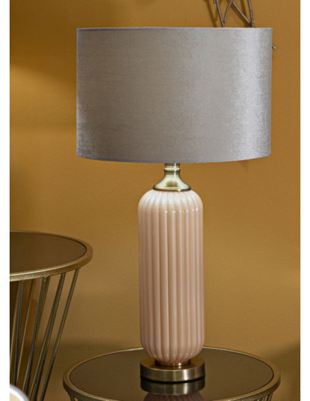 Grande Lampe à poser moderne chic Hauteur 64 cm Verre Beige rosé Tissu Beige Métal Doré Perly 
