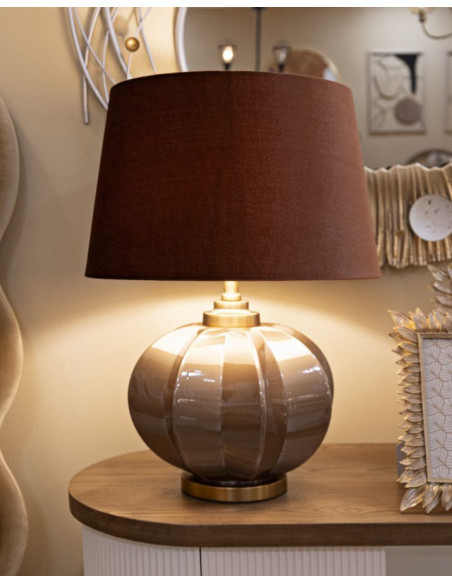 Lampe à poser moderne chic Hauteur 57 cm Verre Tissu Marron Métal Doré Praga 