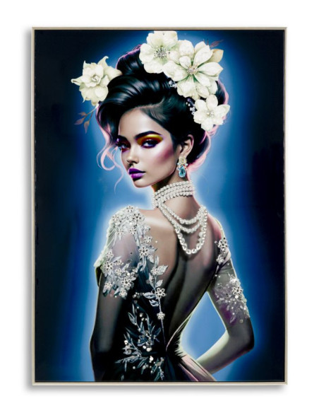 Grande toile murale peinte Femme dos dentelle éclat bleu 72x102 avec cadre argenté Isabel 