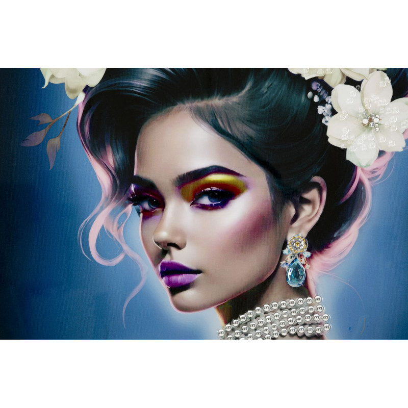 Grande toile murale peinte Femme dos dentelle éclat bleu 72x102 avec cadre argenté Isabel 