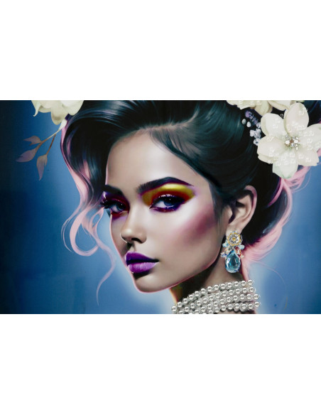 Grande toile murale peinte Femme dos dentelle éclat bleu 72x102 avec cadre argenté Isabel 