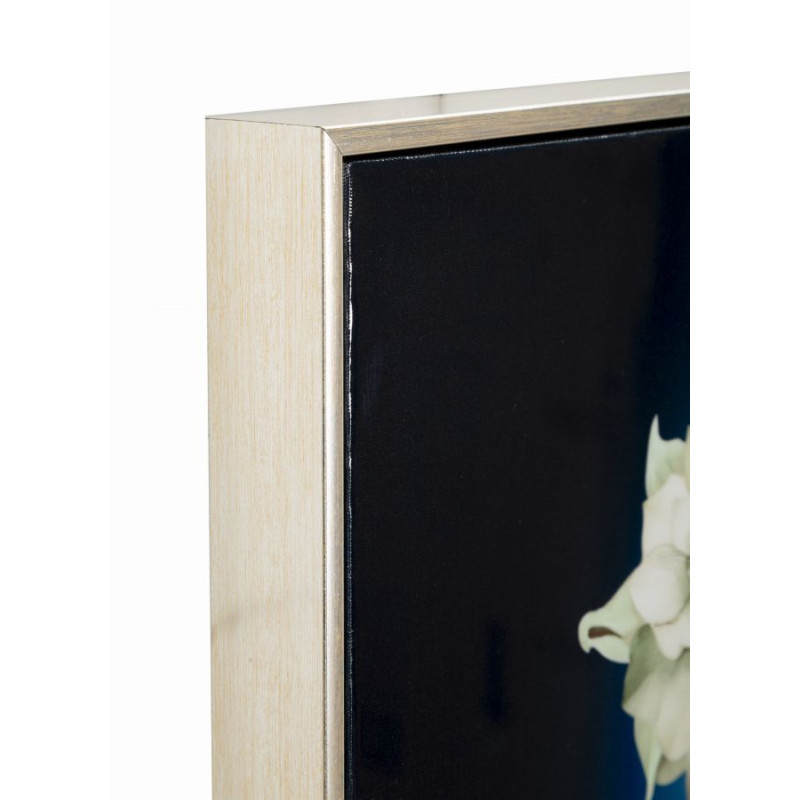 Grande toile murale peinte Femme dos dentelle éclat bleu 72x102 avec cadre argenté Isabel 