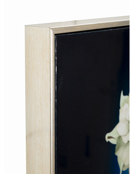 Grande toile murale peinte Femme dos dentelle éclat bleu 72x102 avec cadre argenté Isabel 