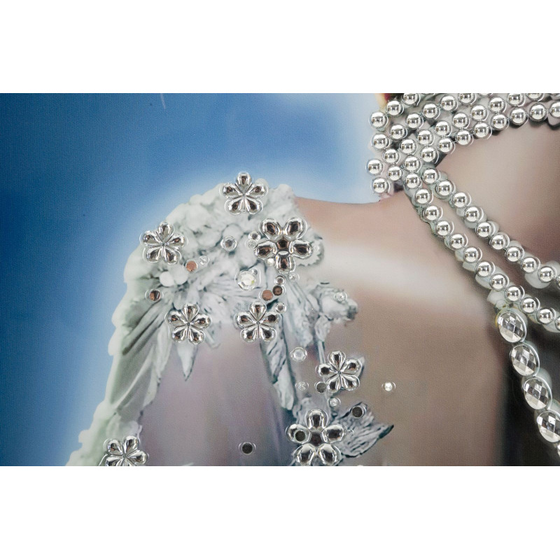 Grande toile murale peinte Femme dos dentelle éclat bleu 72x102 avec cadre argenté Isabel 