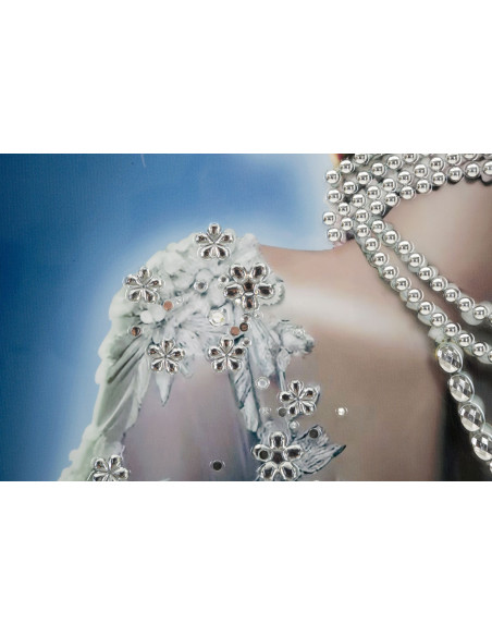 Grande toile murale peinte Femme dos dentelle éclat bleu 72x102 avec cadre argenté Isabel 