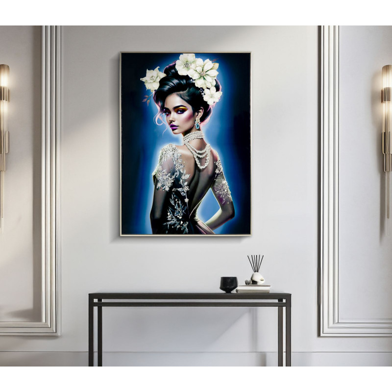 Grande toile murale peinte Femme dos dentelle éclat bleu 72x102 avec cadre argenté Isabel 