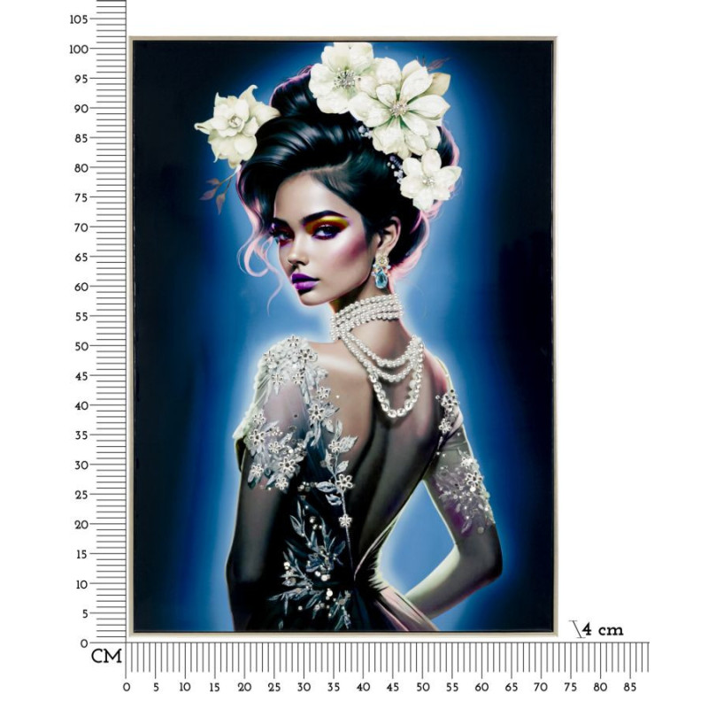 Grande toile murale peinte Femme dos dentelle éclat bleu 72x102 avec cadre argenté Isabel 