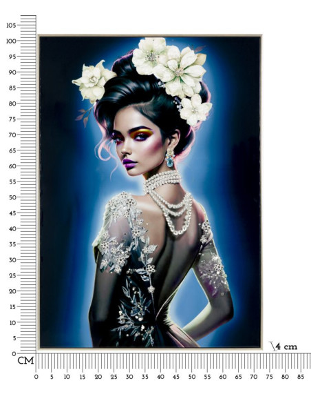 Grande toile murale peinte Femme dos dentelle éclat bleu 72x102 avec cadre argenté Isabel 