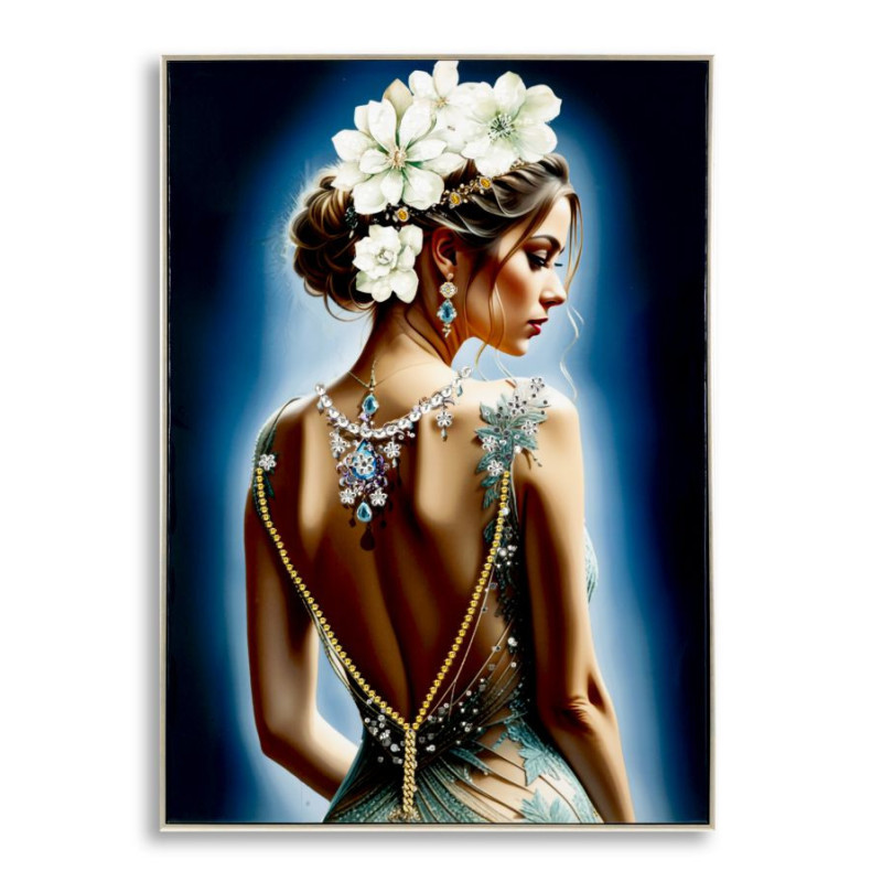 Grande toile murale peinte Femme dos bijoux fleurs blanches 72x102 avec cadre argenté Isabel 