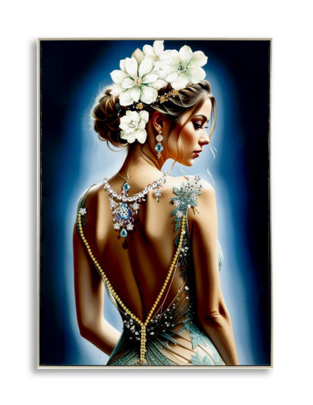 Grande toile murale peinte Femme dos bijoux fleurs blanches 72x102 avec cadre argenté Isabel 