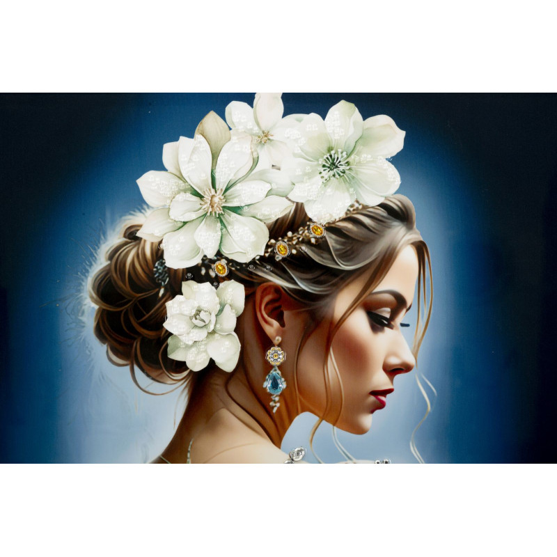 Grande toile murale peinte Femme dos bijoux fleurs blanches 72x102 avec cadre argenté Isabel 