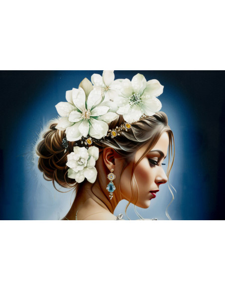 Grande toile murale peinte Femme dos bijoux fleurs blanches 72x102 avec cadre argenté Isabel 