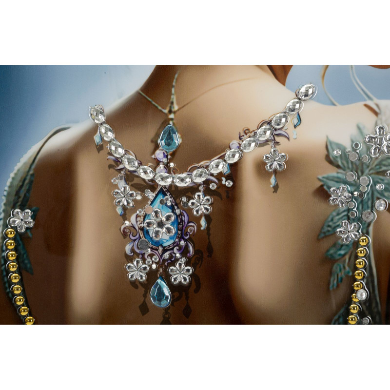 Grande toile murale peinte Femme dos bijoux fleurs blanches 72x102 avec cadre argenté Isabel 