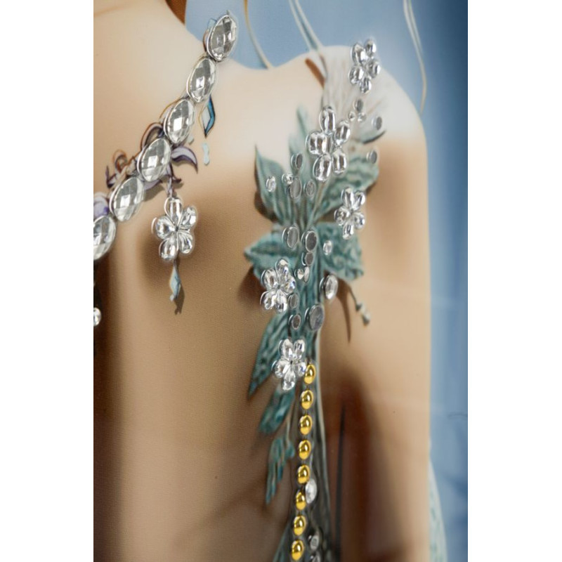 Grande toile murale peinte Femme dos bijoux fleurs blanches 72x102 avec cadre argenté Isabel 